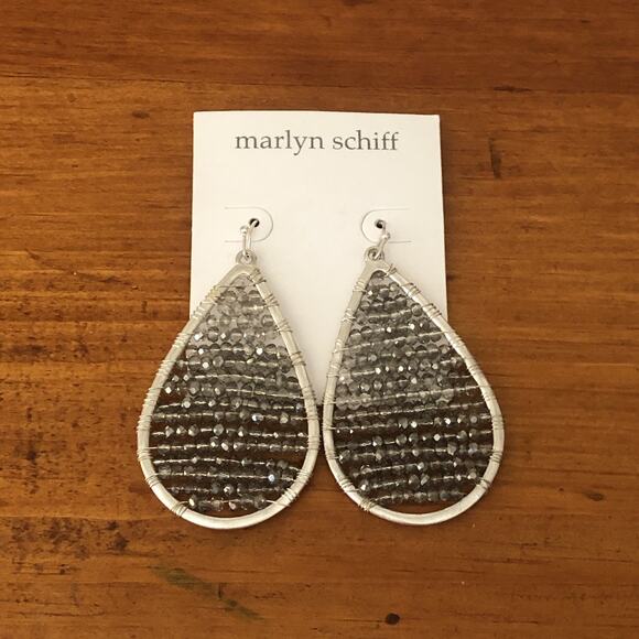 Marlyn Schiff Silver Teardrop Black Druzy Beads Dangle Drop Earrings Hook NWOT - Picture 3 of 10